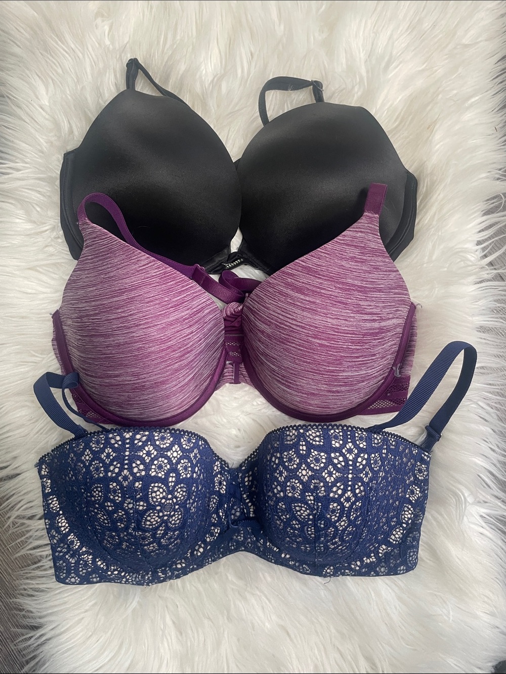 Victoria secret 3 lot bra bundle Black, Heather Purple, Navy Lace